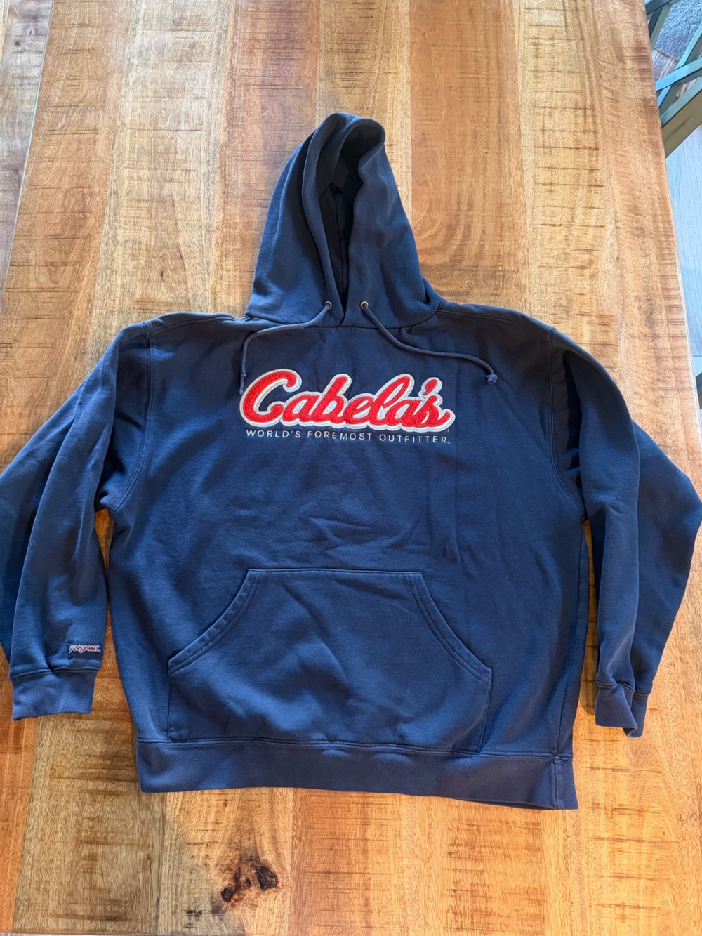 Vintage Cabela's Navy Blue Hoodie with Red Script Logo